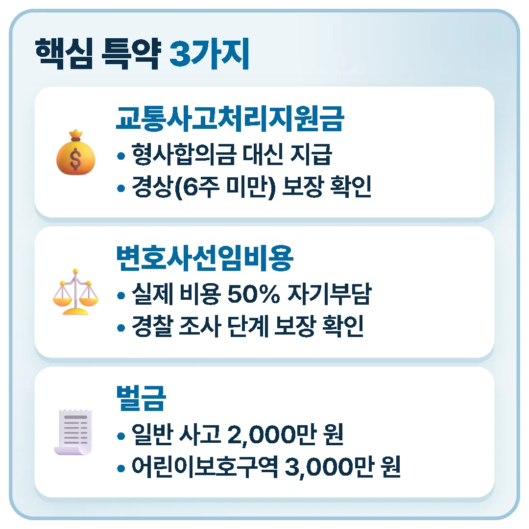 운전자보험 핵심 특약인 교통사고처리지원금, 변호사선임비용, 벌금이 쓰이는 방식과 꼭 확인할 조건을 정리한 카드