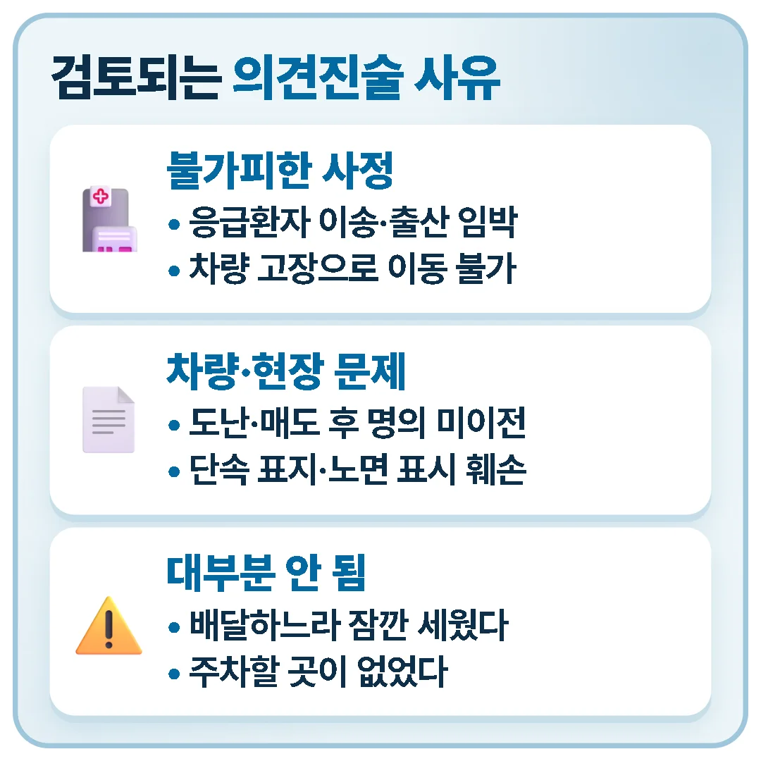 응급환자 이송, 차량 고장, 도난·매도, 단속 표지 훼손 같은 사유는 증빙과 함께 검토 대상이 되지만 배달이나 주차 공간 부족은 대부분 받아들여지지 않습니다.